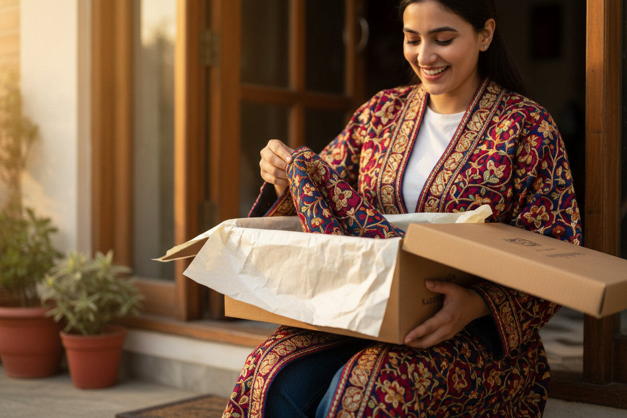customer receiving parcel of kashmiri pheran 